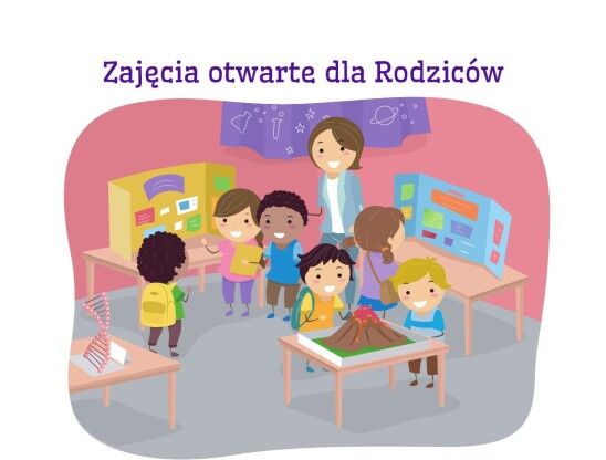rysunek dzieci podczas zajęć w przedszkolu i napis zajęcia otwarte dla rodziców