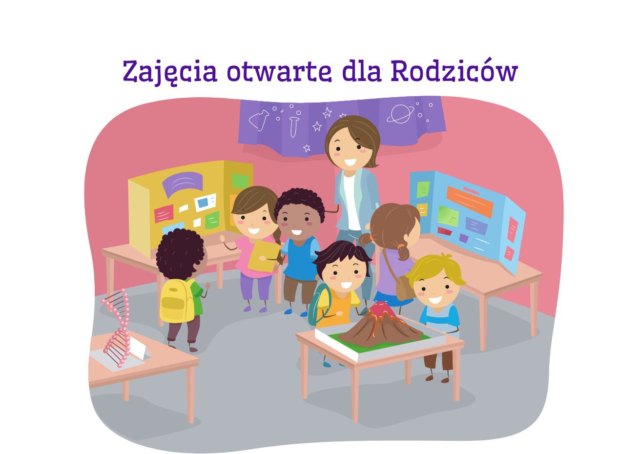 rysunek dzieci podczas zajęć w przedszkolu i napis zajęcia otwarte dla rodziców