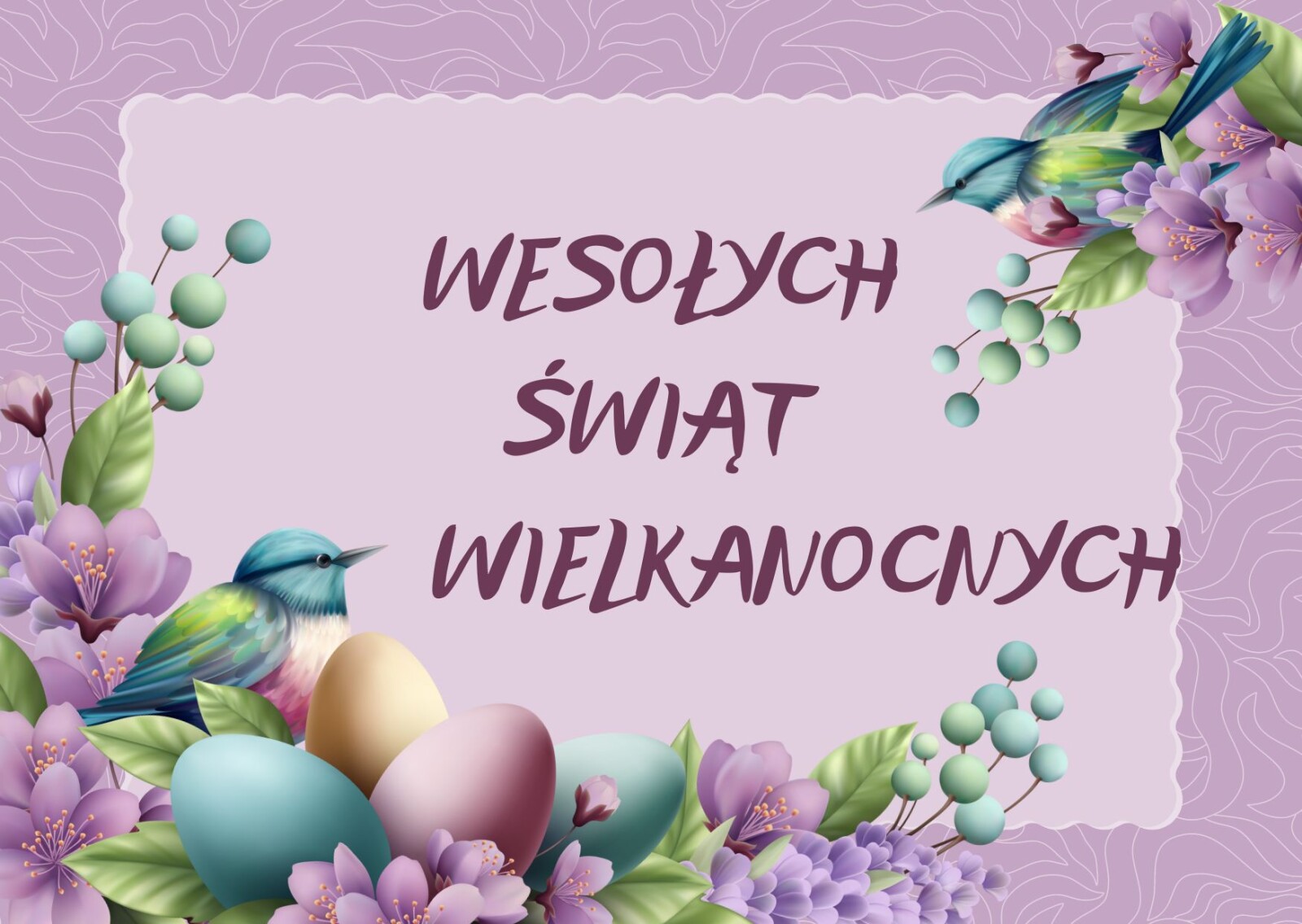 obrazek z wiosennymi kwiatami, kolorowymi jajkami i napisem wesołych świąt wielkanocnych